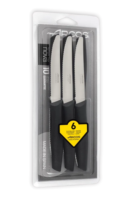 JUEGO MESA NOVA - Juego de 6 cuchillos de mesa de hoja dentada y punta redondeada, perfectos para el corte de los alimentos en la mesa.