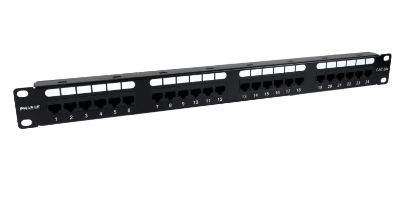 Panel de transferencia UTP 19" PHASAK Cat. 6A Dual 24 Puertos 1U - Conectividad de alto rendimiento, hasta 10 Gbps, compacto, ideal para redes estructuradas