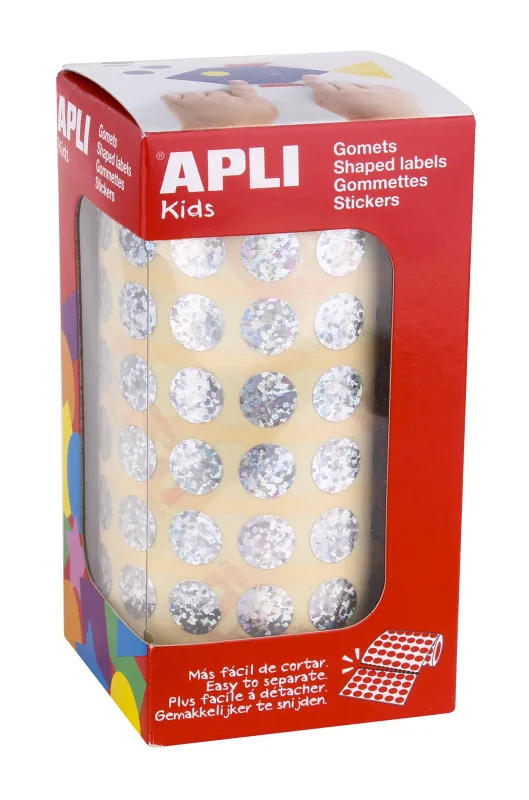 Apli gomets redondos holograficos - tamaño ø 10.5mm - adhesivo permanente - 5192 gomets por rollo - ideal para desarrollar habilidades infantiles