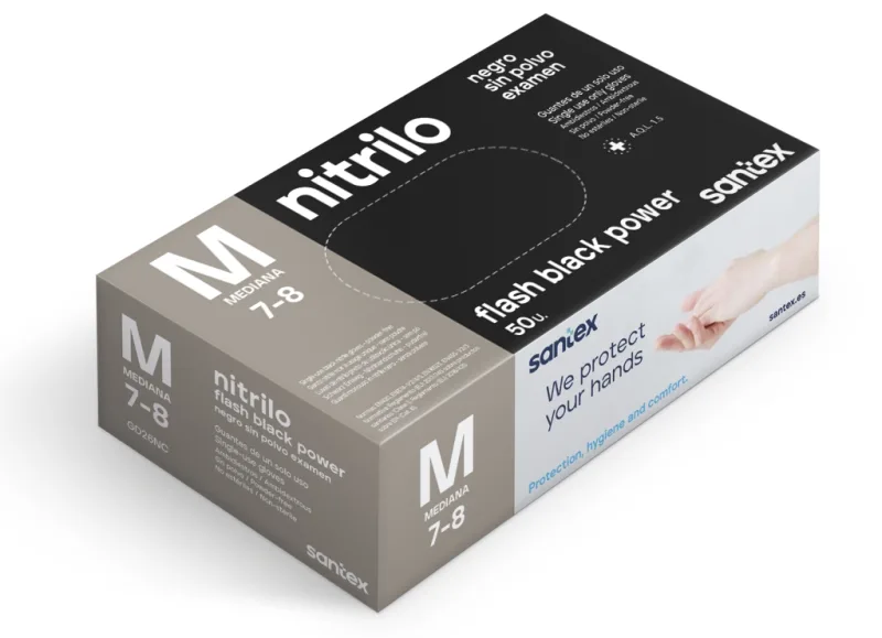 Santex flash black power pack de 50 guantes de nitrilo talla m - dibujo diamante texturizado - sin polvo - libre de latex - no esteriles - color negro