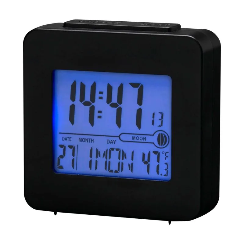 Reloj Despertador Digital Denver REC-34BLACK. Termómetro Interior. Reloj controlado por señal de Radio DCF77. Retroiluminación por LED Azul., negro