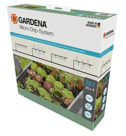 Gardena sistema Micro-Drip set de riego por goteo bancal alto/bancal (35 plantas): Set de inicio listo para usar, sistema de riego eficiente, técnica de conexión fácil & flexible (13455-20)