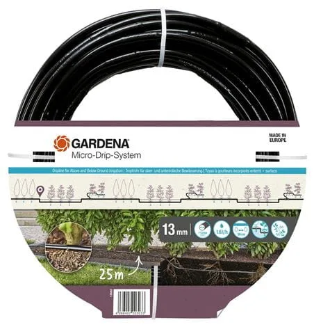 Gardena Micro-Drip tubo gotero 1,6 l/h, distribución superficie y enterrada (25 m): Tubo de prolongación para sistema de riego eficiente, técnica de conexión fácil & flexible (13503-20)