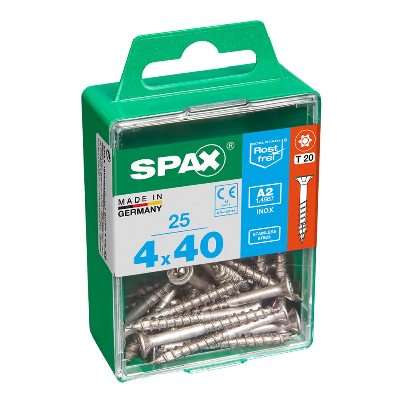 CAJA 25 uds. TORNILLO MADERA SPAX CAB. PLANA INOX A2 4,0x40mm SPAX