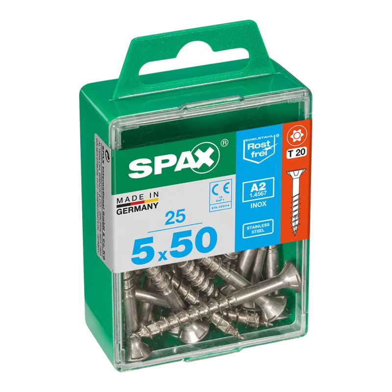 CAJA 25 uds. TORNILLO MADERA SPAX CAB. PLANA INOX A2 5,0x50mm SPAX