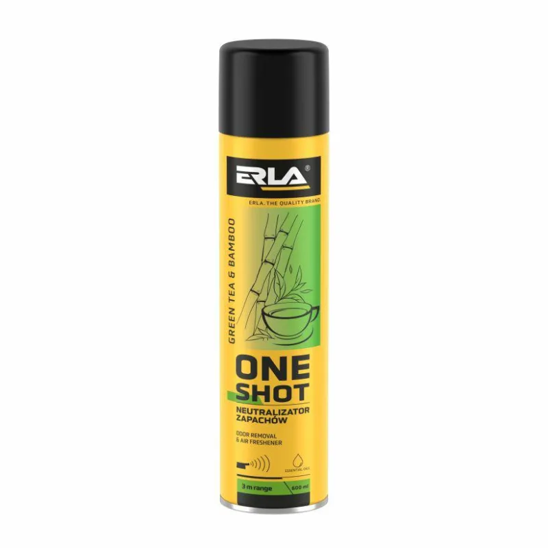 ERLA Ambientador de hogar "ONE SHOT" 600 ml - Aerosol para habitaciones con un alcance de 3 m - Neutralizador de olores y spray de fragancia 2 en 1 - Spray de ambiente - Ambientador - Green Tea and Bamboo