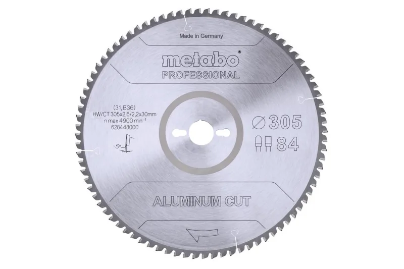 METABO 628448000 - Hoja de sierra MKS Aluminium Cut Prof para aluminio 305x30 mmDientes Z84 FZ/TZ 5º negativo