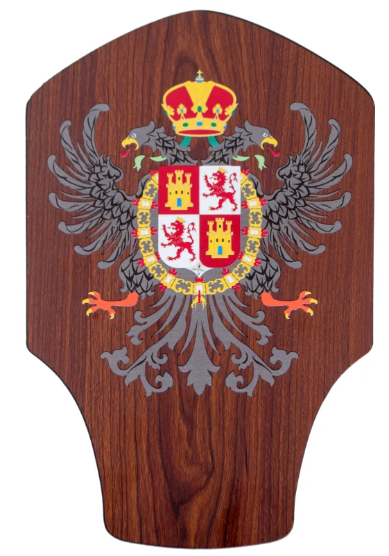 Soporte de madera para espadas con escudo de Toledo, de 37cm de altura, 24.5 de ancho y 1.2cm de grueso, Con tornillos
