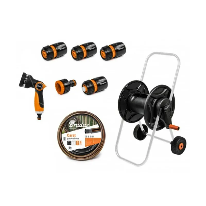 Bradas - Carro de manguera de jardín con manguera de 20 m + pistola + kit de conexión + aspersor de césped