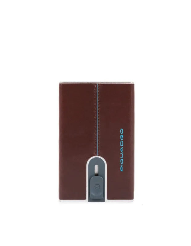 Piquadro Blue Square Leather Card Holder with Money Clip, sistema deslizante cuadrado, color caoba, para hombres, elegante y funcional, modelo PP5358B2R