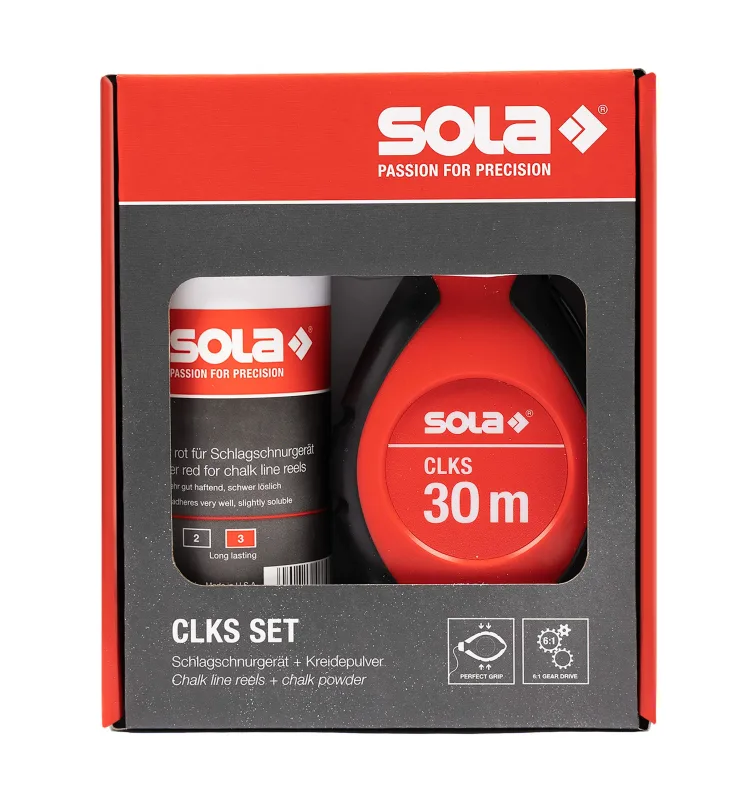 Sola CLKS - Juego de cuerdas de impacto rojo, 30 m, color rojo, 230 g, en práctico juego, grabación rápida con caja de cambios de 6:1, carcasa de plástico grande y robusta