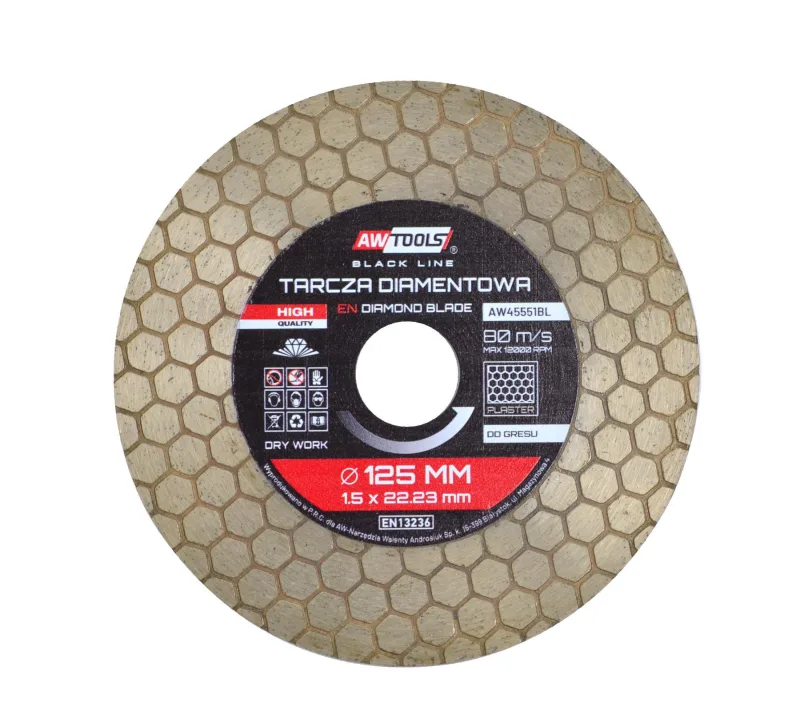 Awtools, 125x22,2 mm, disco panal 2 en 1 Black Line, para corte y desbaste en cerámica y piedra, ventilación eficiente, alta precisión, uso profesional, color negro metálico