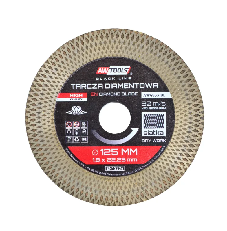Awtools, 125x1,9x22,2 mm, disco de diamante turbo Black Line, para cortes finos en cerámica y gres, borde refrigerante, mínima fricción, uso profesional, color negro metálico