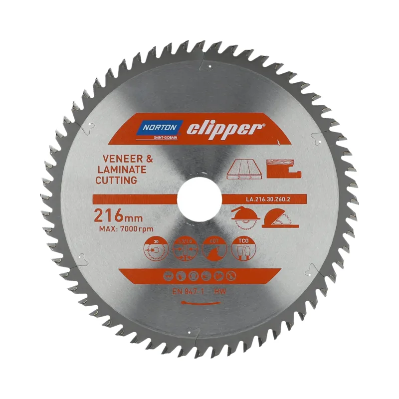 Piña Tarjeta Norton Clipper 216mm x 30mm x 60 Dientes, Corte en Melamina, Laminados y Fornir, Alta Durabilidad y Precisión