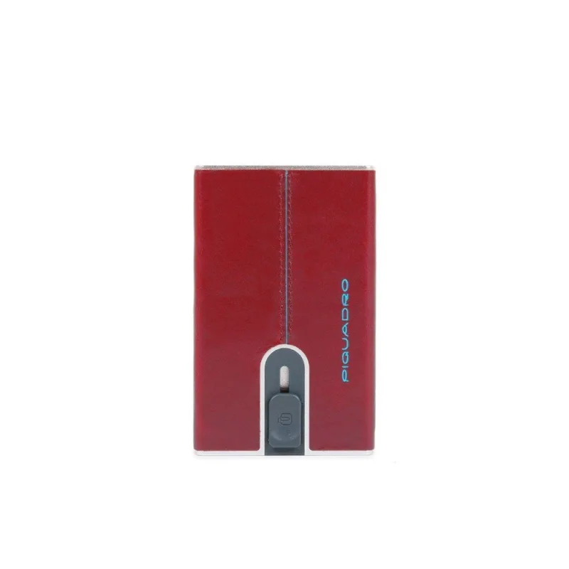 Piquadro Blue Square / Card Holder de Cuero para Hombre / Sistema Deslizante Cuadrado con Clip para Dinero / Color Rojo