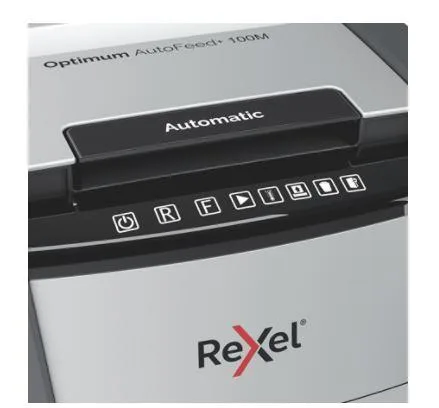 Rexel 2020100MEU - Destructora de Papel Automática Optimum AutoFeed 100M, Microcorte P-5 (2x15 mm), 100 Hojas A4, Papelera Extraíble 34L, Destruye Grapas y Clips, Oficina