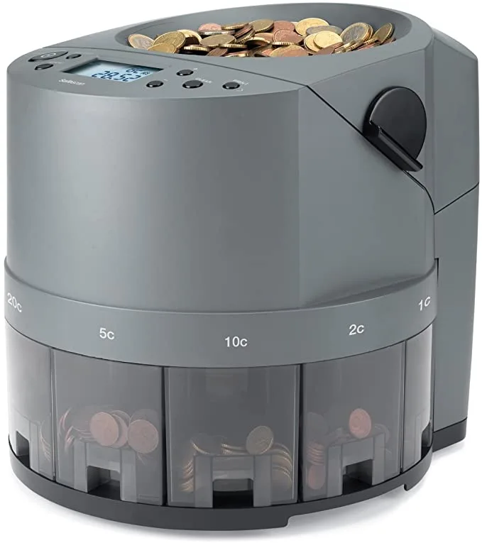 Safescan Contadora de monedas 1450 que cuenta valor y clasifica gran volumen de monedas mezcladas de euro con rapidez, Clasificadora que separa por denominación, Cuenta monedas de forma continua
