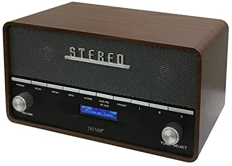 Radio Digital Dab+ y FM. Denver DAB-36. Bluetooth. Función Reloj, Despertador y Alarma. Entrada AUX. Acabado Madera. Volumen: 10W RMS