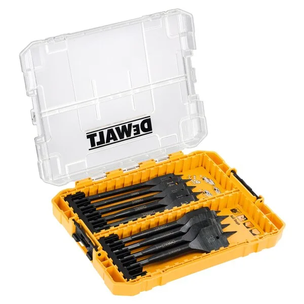 DEWALT DT70751-QZ kit de 9 brocas de pala para madera, estuche Tough Case mediano, diámetro Ø 2-32 mm, ideal para perforación en todo tipo de madera, alta durabilidad y resistencia.