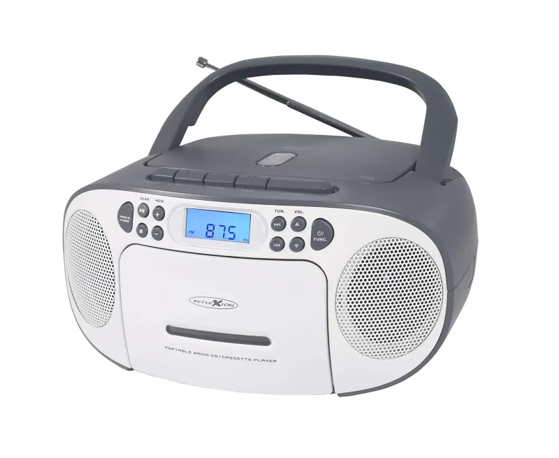 Reflexion Reproductor de CD con Cassette y Radio para alimentación y batería (Radio PLL FM, Pantalla LCD, Entrada Auxiliar, Conector para Auriculares), Color Blanco y Gris RCR2260
