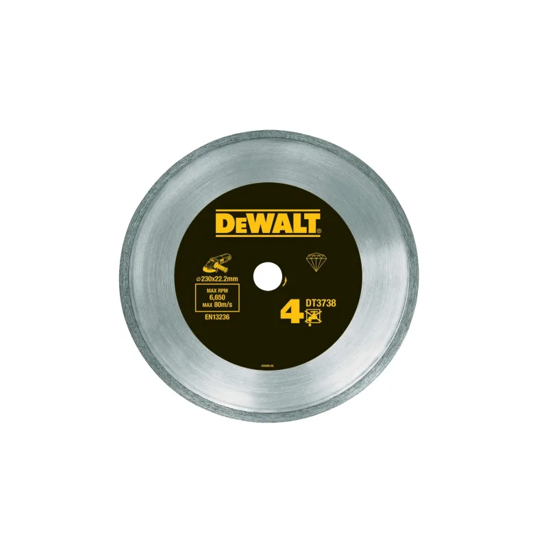 Rueda de corte de diamante, marca Dewalt, modelo DT3738-XJ, uso en corte de azulejos y hartker, tamaño 230 mm, sinterización CV, alta durabilidad, corte preciso y rápido