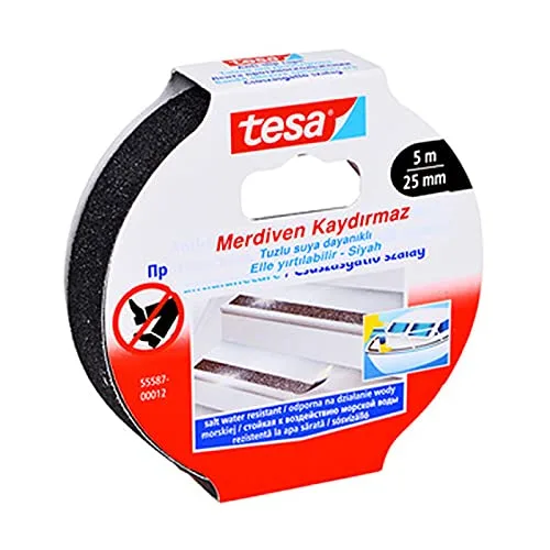 Cinta antideslizante Tesa negra 5m x 25mm, ideal para mejorar la seguridad en escaleras y suelos expuestos.