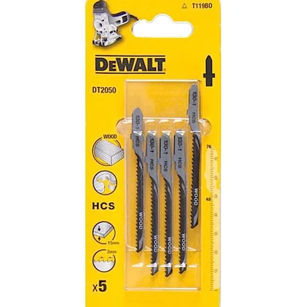 DeWalt DT2050-QZ - Hoja de sierra de calar HCS, longitud: 76mm, paso de diente: 2mm, hoja de contornear, para cortes básicos en madera blandas, contrachapado y aglomerado de hasta 15mm de espesor