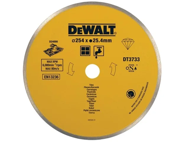 Disco de diamante para corte en húmedo, marca DeWalt, modelo DT3733-XJ, uso en corte de azulejos de cerámica, tamaño 250 x 25,4 mm, alta precisión, corte limpio y duradero