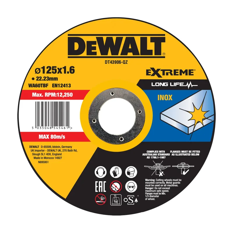 Accesorio para amoladora angular, marca DeWALT, modelo DT43906-QZ, corte del disco, uso en materiales duros, alta durabilidad, corte rápido y preciso, ideal para trabajos pesados