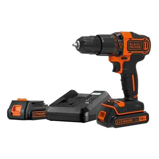 BLACK+DECKER Taladro percutor 18V con 2 baterías de litio 2.0Ah, portabrocas 10mm, 2 velocidades, par máximo 40Nm, luz LED, empuñadura antideslizante, incluye maletín, BDCHD18K1B2