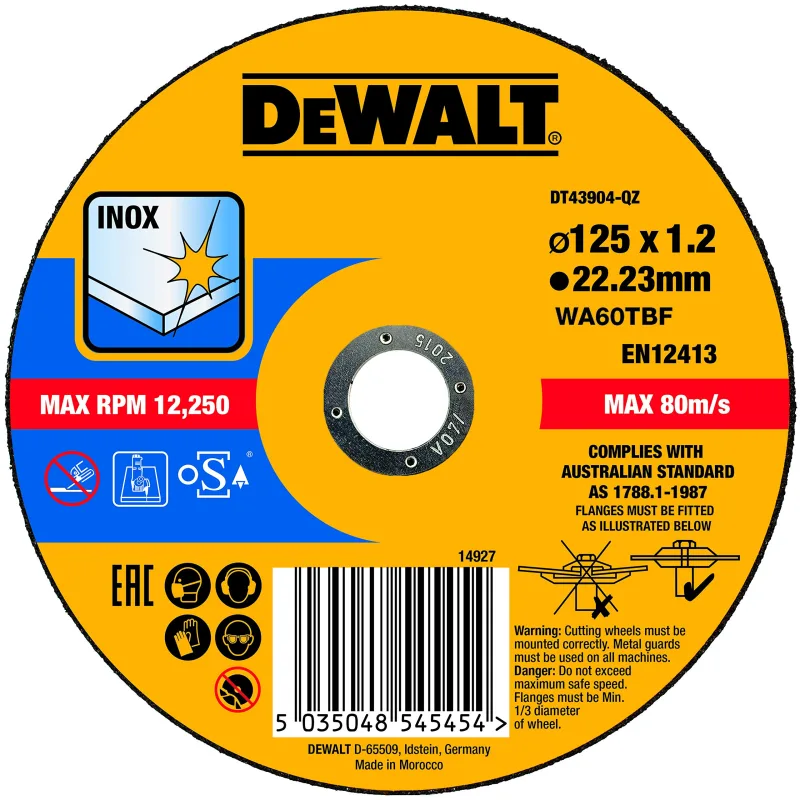 DEWALT DT43904-QZ - Disco de corte plano INOX con grano profesional de óxido de aluminio Thin Cut 125 x 1.2 x 22.23 mm