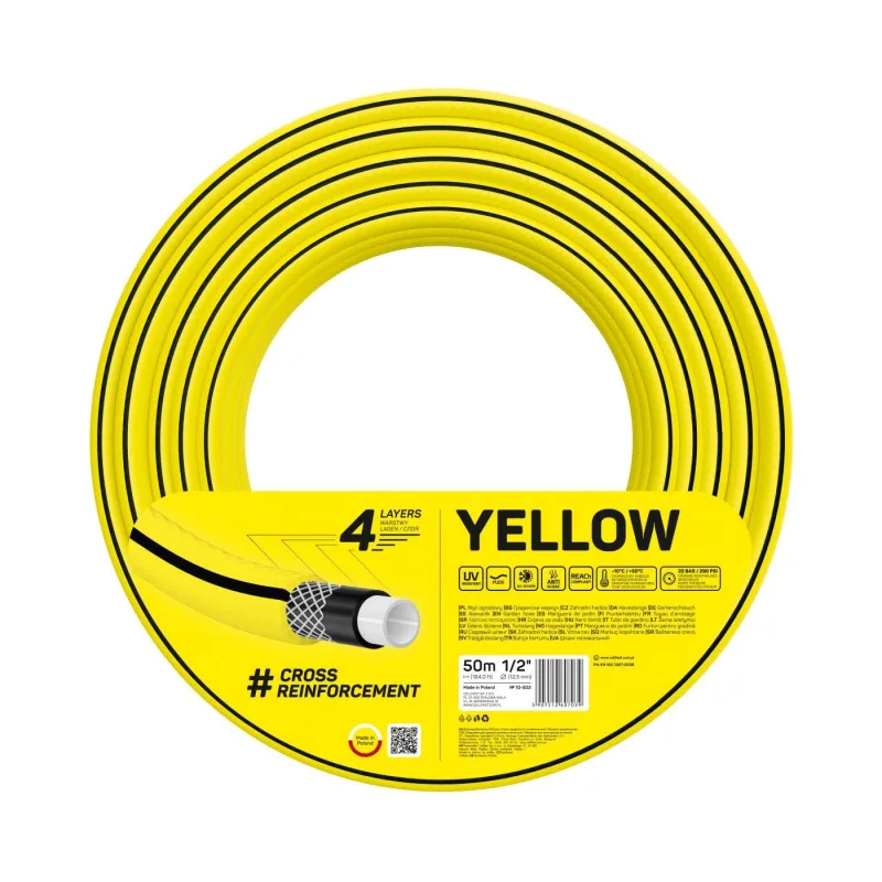 Cellfast 4YELLOW Manguera de Riego de Jardín 4 Capas Flexi Resistente a los Rayos UV Antiálcali All Season (1/2" 50 m)