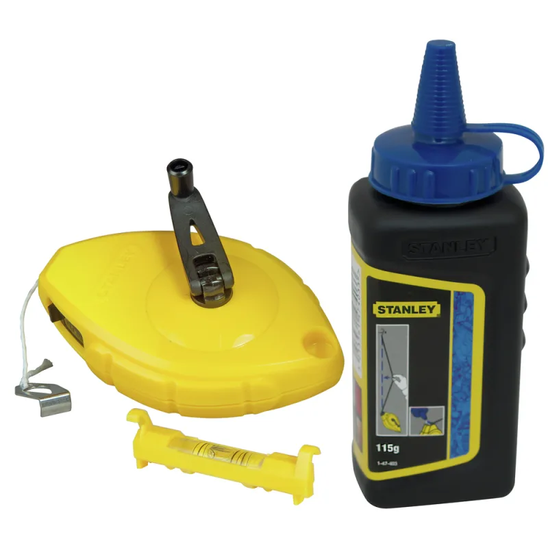 Stanley, 0-47-443, kit de cordel de trazado 30 m, ideal para construcción y nivelación precisa, incluye polvo de tiza 115 g y nivel de cordel, resistente, amarillo y negro