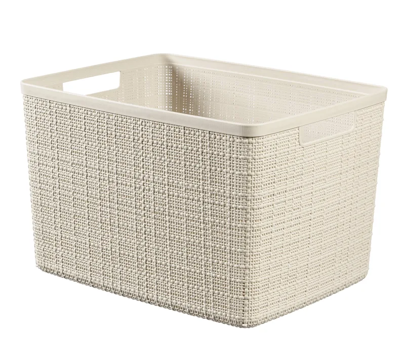 Curver Juliet- Cesta Rectangular Grande 20L, Almacenaje, Ordenación; 100% plástico Reciclado, Acabado Yute, 36x28xH23 cm, Blanco