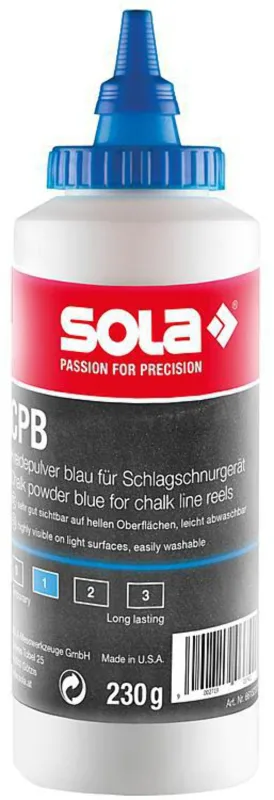 Sola SO66152301, Tiza en polvo CPB 230, azul, 230 g, ideal para marcar superficies en trabajos de carpintería y construcción.