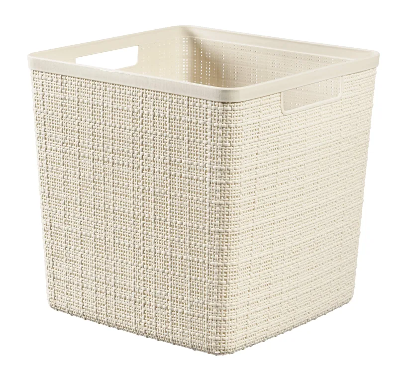 Curver Juliet- Cesta Rectangular Cubo 17L, Almacenaje, Ordenación; 100% plástico Reciclado, Acabado Yute, 28x28xH27 cm, Blanco