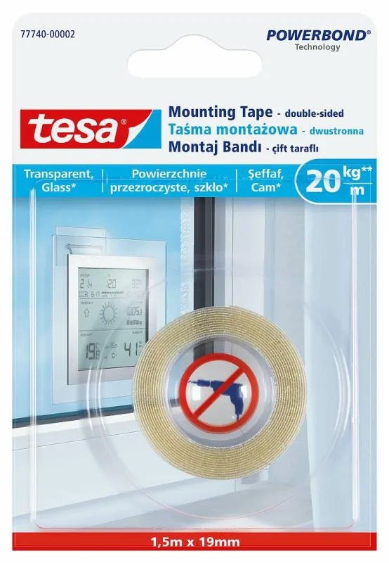 Cinta de montaje transparente Tesa 1,5m x 19mm, ideal para adhesión segura y duradera con un acabado limpio y sin residuos visibles.