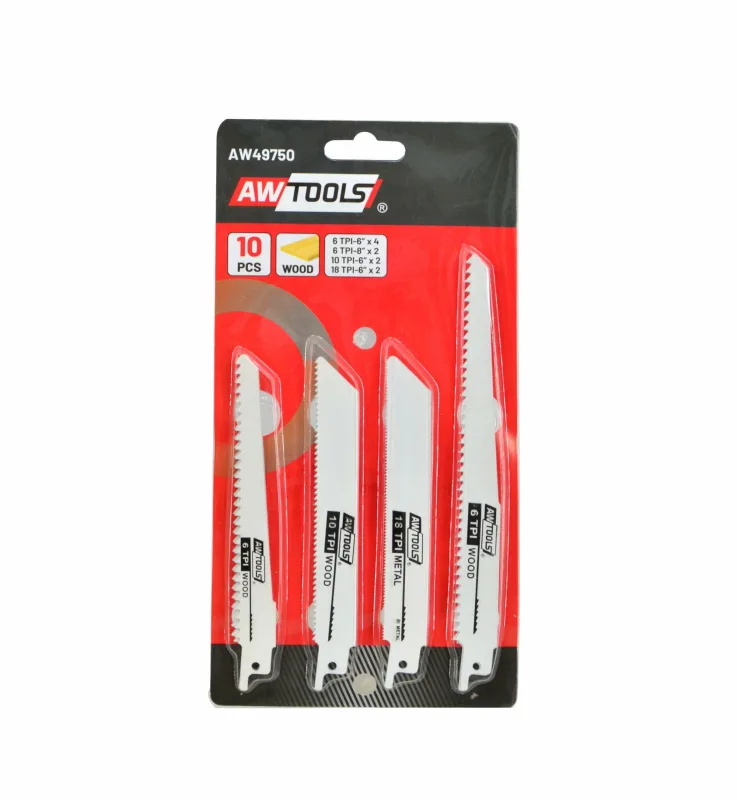 Awtools, Set de sierras para sierra recíproca 10 piezas, para cortes rápidos y precisos en madera, metal y plásticos, alta durabilidad, ideal para trabajos exigentes