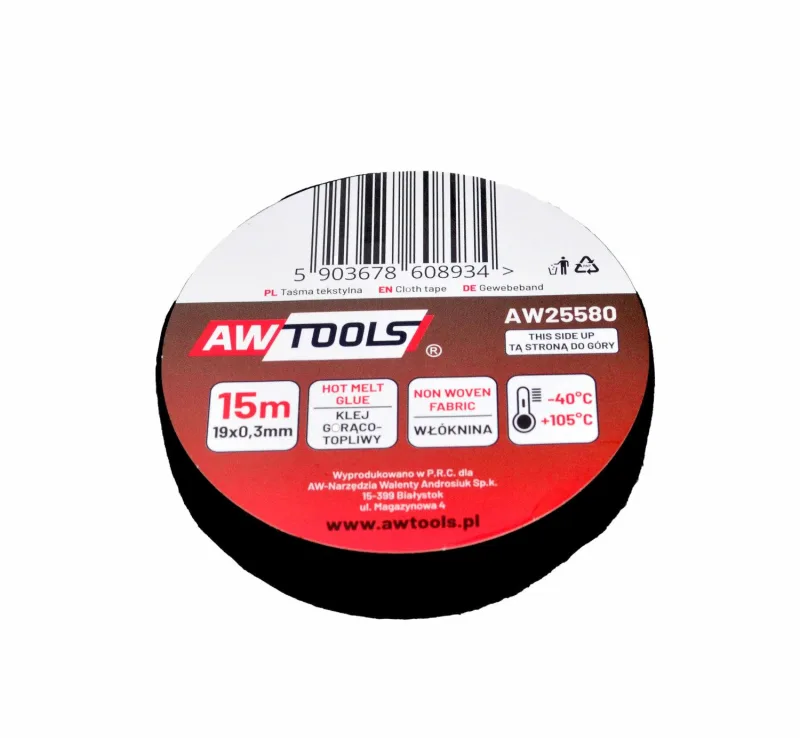 Cinta aislante textil Awtools 19 mm x 15 m, ideal para aislamiento eléctrico, flexible, resistente, fácil de usar, perfecta para reparaciones y trabajos de bricolaje.
