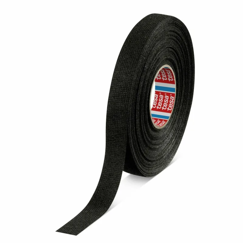 Cinta aislante negra de tela Tesa 15mm x 25m, ideal para protección y reparación en diversas aplicaciones eléctricas.