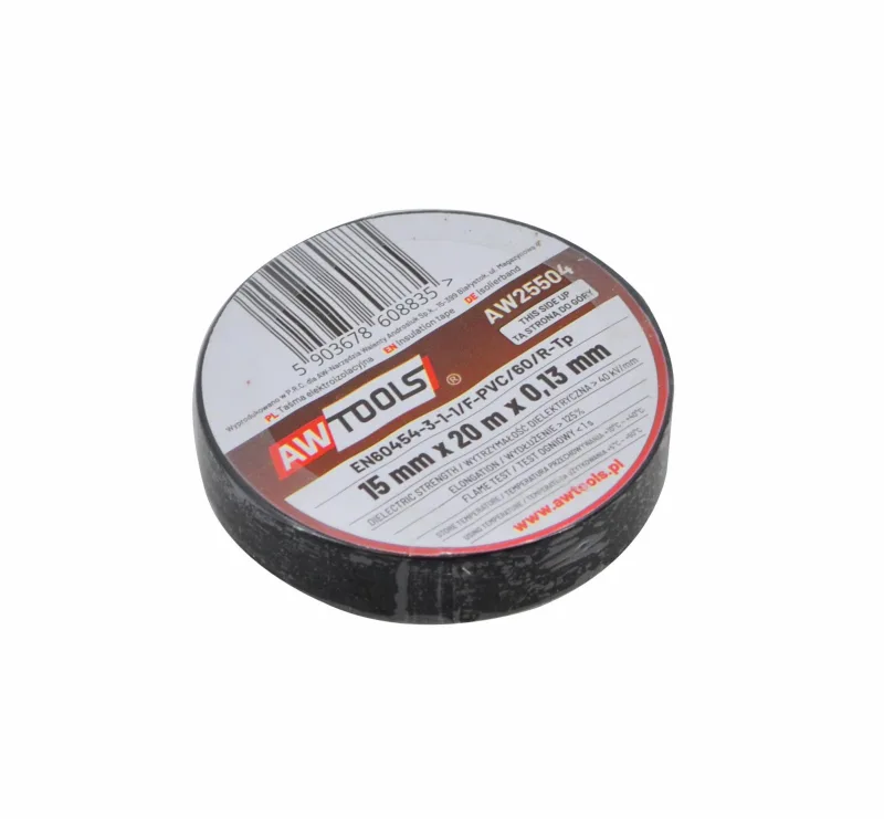 Cinta aislante Awtools 15 mm x 20 m negra, ideal para aislamiento eléctrico, resistente, flexible, fácil de usar, perfecta para reparaciones y trabajos de bricolaje.