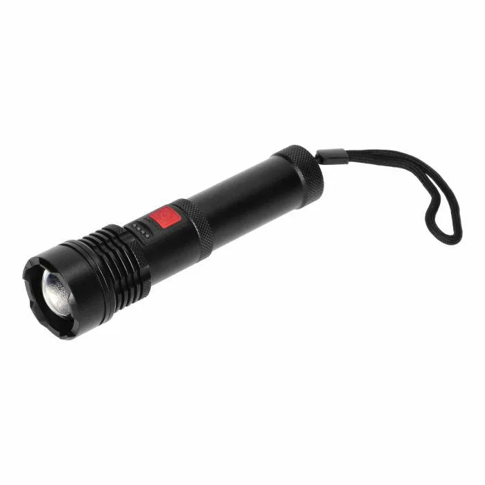Orno Linterna Manual LED COB 12W, iluminación potente para actividades al aire libre, zoom ajustable, batería recargable 2200mAh, diseño compacto y ergonómico, color negro.