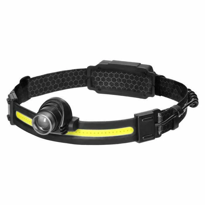 Orno Linterna frontal LED COB 3W + LED CREE 10W, iluminación manos libres para camping y emergencias, potente batería recargable 1200mAh, luz uniforme y concentrada, color negro.