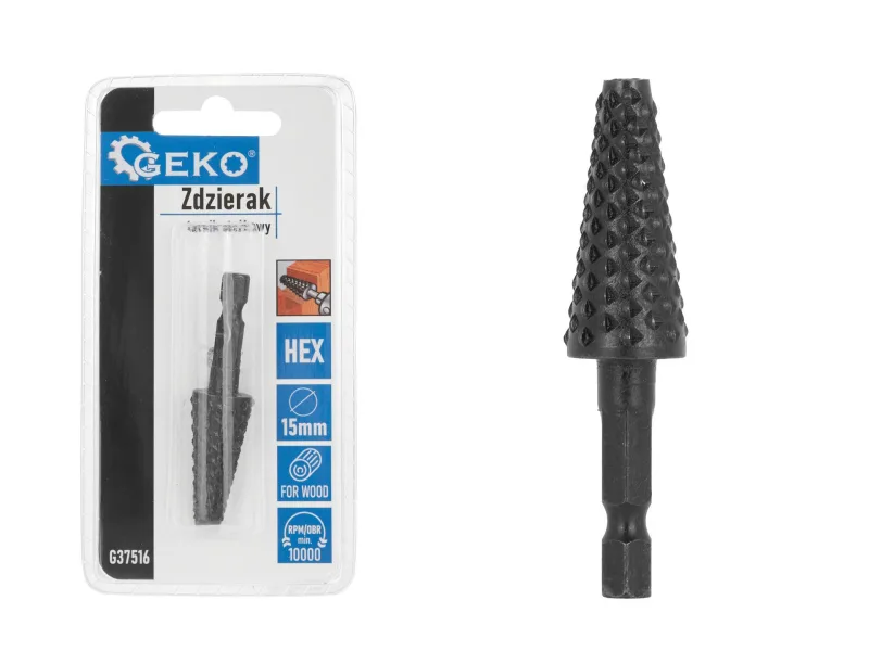 Desbarbador cónico Geko, 15 mm, tipo hexagonal, ideal para trabajos de desbaste y acabado de superficies