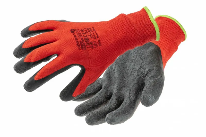 Högert Technik RODER guantes recubiertos de látex, rojo/negro, talla 11, 12 pares/paquete, resistentes a la abrasión y flexibles, ideales para trabajos de montaje y mantenimiento de precisión