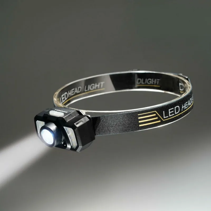 Linterna frontal recargable Tiross 1200mAh 100/120lm, luz ajustable y diseño ergonómico para múltiples aplicaciones.