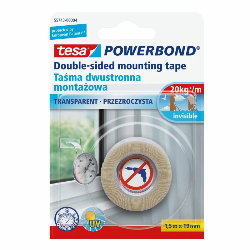 Cinta de montaje Tesa Powerbond transparente 1,5m x 19mm, ideal para adhesión segura y resistente en diversas superficies.