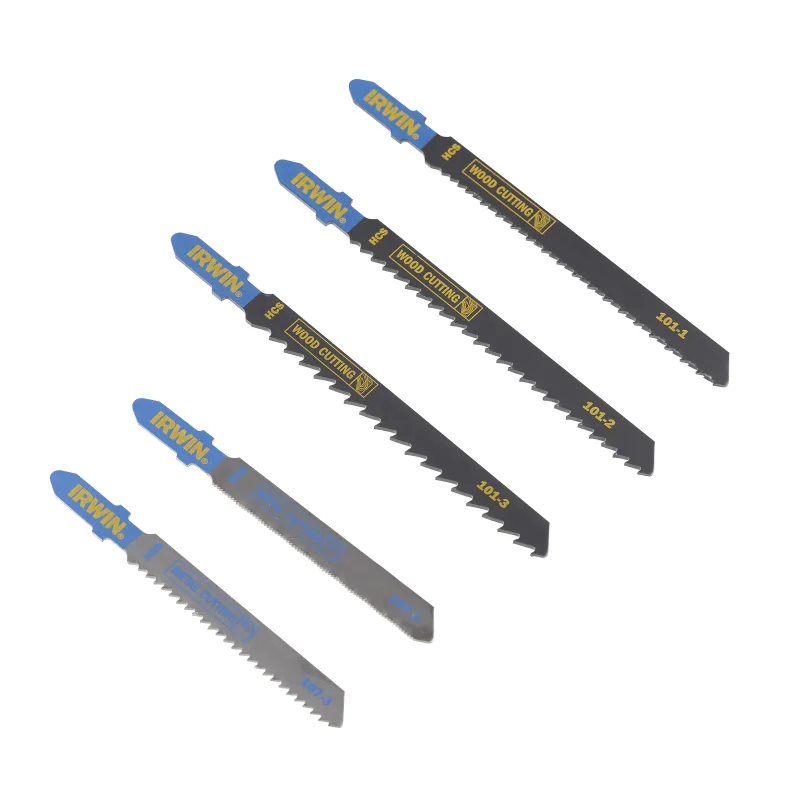 Juego de hojas de sierra de calar IRWIN IW1014504, 5 piezas, 3 para madera y 2 para metal, conexión en T, para acabado fino y grueso, compatible con sierras de calar universales.