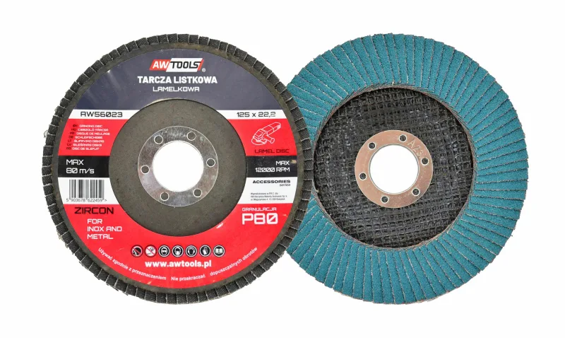 Awtools, Disco de lijado laminar 125 mm P80, herramienta de lijado para inox y metal, grano P80 zirconio, para trabajos de desbaste y eliminación de óxido, trabajos industriales, carpintería y restauración, color metálico