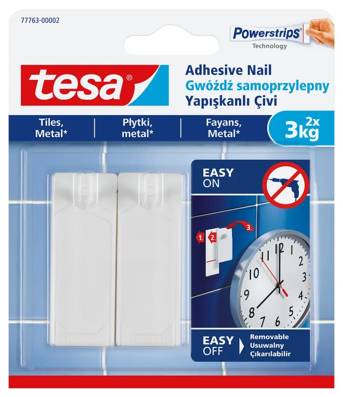 tesa® - Clavo adhesivo para azulejos y metal, 3 kg, para superficies lisas y sólidas en baños y cocinas, 2 clavos adhesivos con capacidad de 3 kg